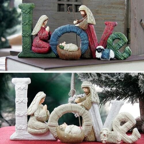 Nativity Ornament Christian Jesus Manger Home Decoration LOVE/FAMILY English Letter Resin Desktop Decor Ornament Christmas Gift