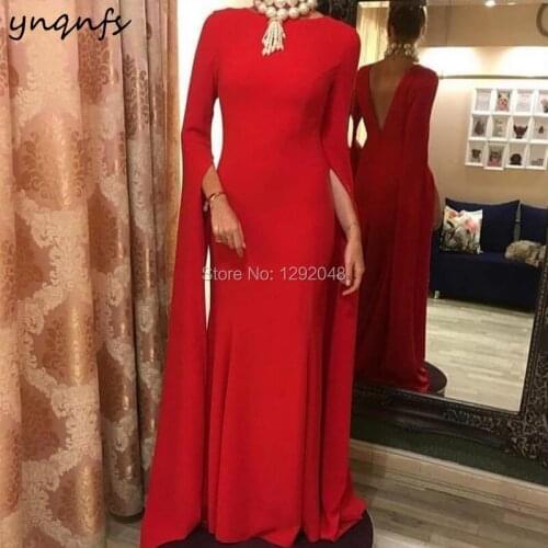YNQNFS E31 Vestido de Festa Stretch Jersey Low Back Cape Sleeves Simple Red Evening Dress 2019