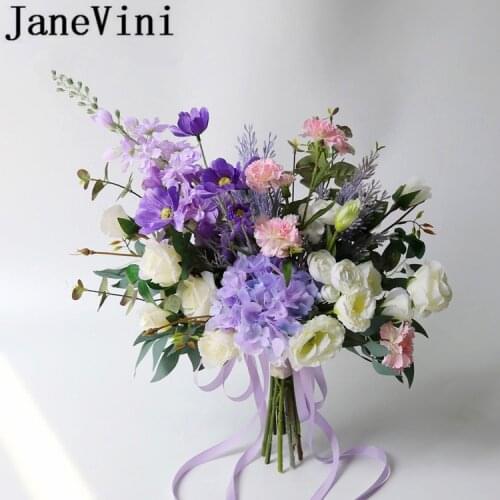 JaneVini Vintage Purple Wedding Flowers Bridal Bouquets Ramo Artificial Silk Bride Wedding Bouquet Blue Brooch blauwe bloemen
