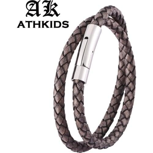 Vintage Double Layer Retro Gray Leather Braided Bracelet Stainless Steel Snaps Men Women New Jewelry Wristband Gifts PD0487