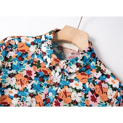 Ladies Cotton Floral Printed Lapel Long Sleeve Blouse Shirt Top