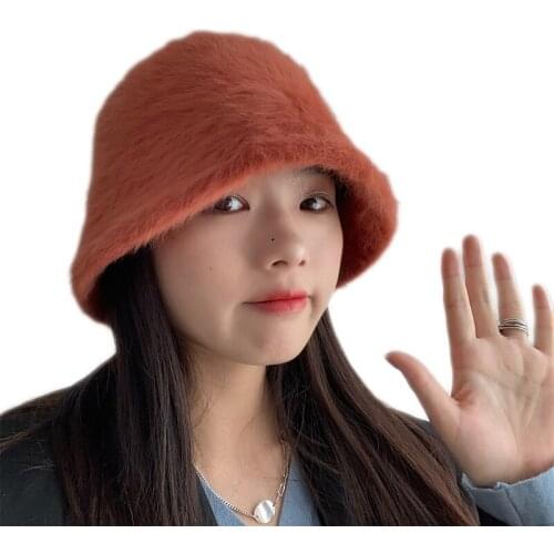 Women Winter Fluffy Furry Dome Bucket Hat Solid Color Thicken Warm Harajuku Hip Hop Bell-Shaped Foldable Fisherman Cap