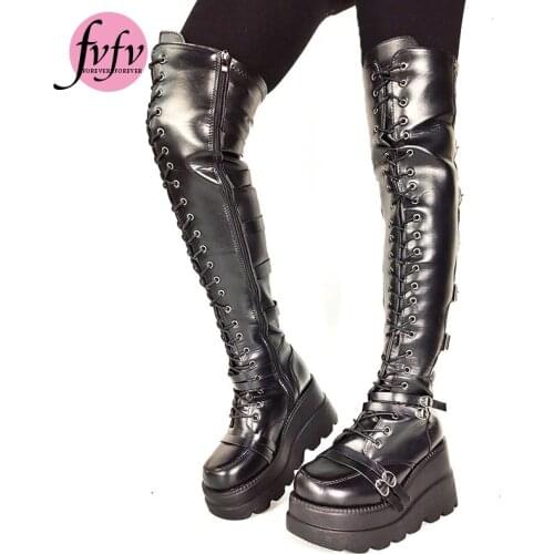 [FVFV]INS Hot 2021 Brand New Gothic Street Womens Knee High Boots Platform Wedges High Heels Buckle Boots For female Punk Shoe