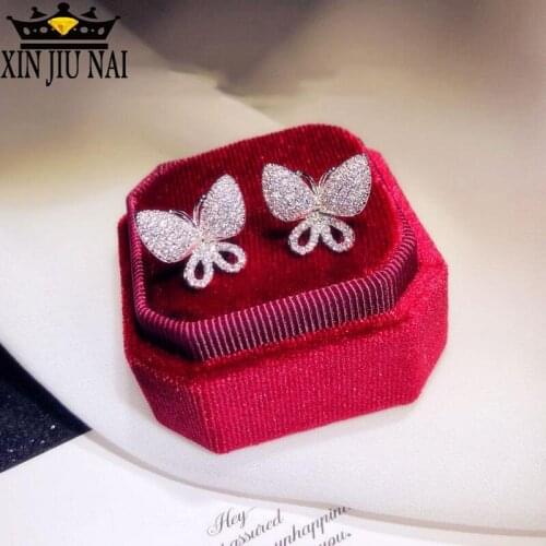 2020 New arrival Korean elegant temperament full diamond micro studded shining butterfly earrings S925 silver women earrings