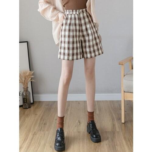 New 2021 Summer Autumn Women Shorts Wide Leg High Waist Fashion Plaid Girl Students Checkered Lady Shorts Holiday Vacation