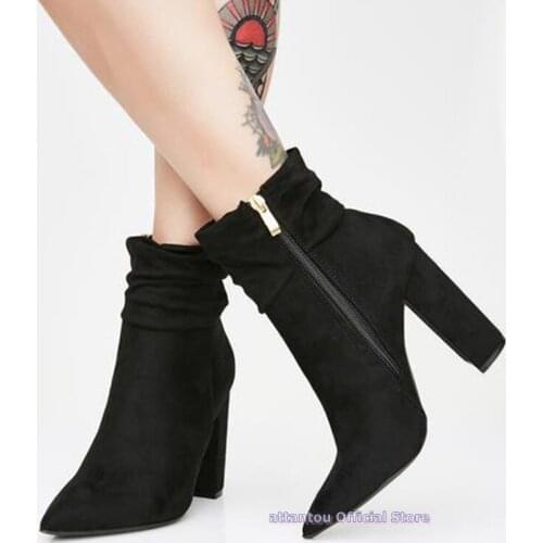 Luxury black beige suede leather top quality pointed toe short boots women block chunky Heeled Autumn Ankle Boots