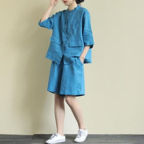 Womens Large size short sleeve shirt suit womens summer two piece set of solid color pants P2021025