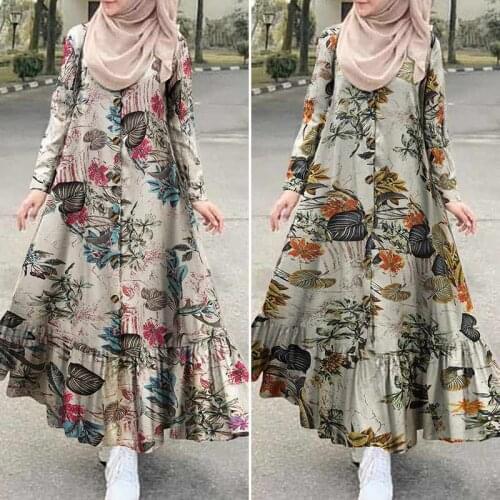 Womens Autumn Sundress ZANZEA 2021 Turkish Printed Ruffle Dress Vintage Floral Maxi Vestidos Dubai Female Button Islam Robe