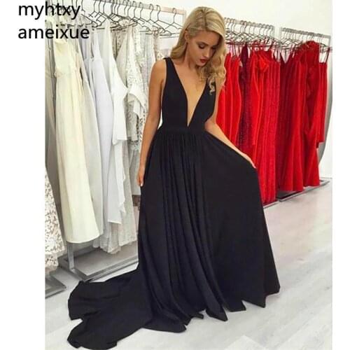 2019 Sexy Evening Dresses Floor Length Long Prom Dressess Deep Sleeveless Sweep Train Evening Gowns Custom Made Robe De Soiree