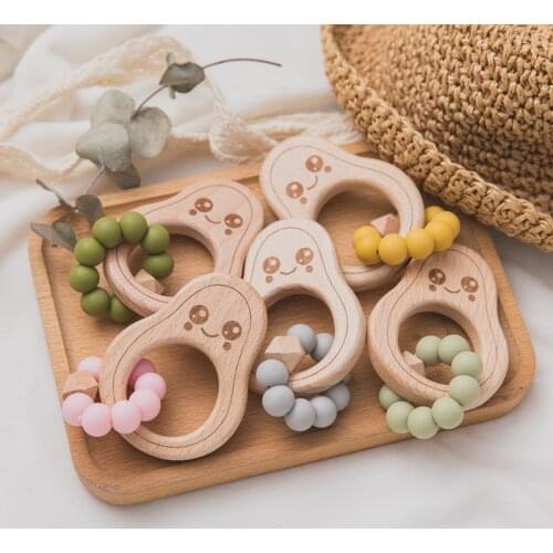 1pc Baby Teether Wooden Avocado Beads Rattle Nursing Bracelet BPA Free Silicone Teething Beads Baby Beech Rattles Nurse Gift Toy