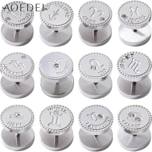 AOEDEJ 316L Stainless Steel Earrings Signs 12 Constellation Earrings Simple Astrology Disc Galaxy Punk Star Stud Earrings Men