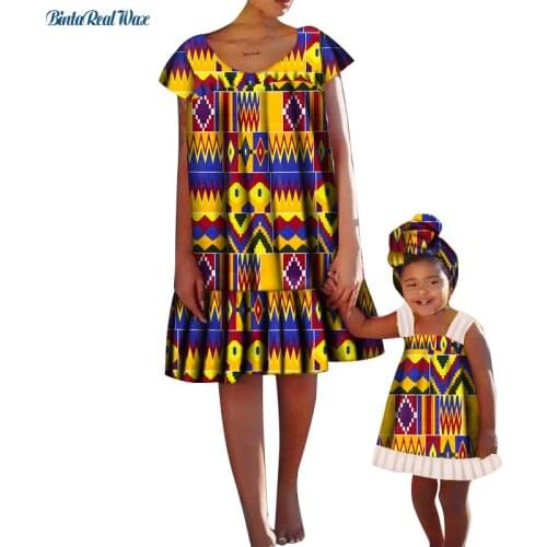 Bazin Riche Mom and Daughter Clothes Causal Knee Length Dress Dashiki Girl Dress African Women Dresses Family Clothing WYQ555