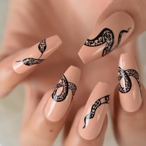 Long Coffin Fingernails Black Snake Coiled On Fake Nails Fashion Design Nude Peach Color Extension Ballet Nep Nagels