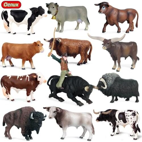 Oenux Simulation Farm Animal Milk Cow Cattle Calf Bull Musk Ox Action Figures Poultry Cowboy Pvc Educational Model Kids Toy