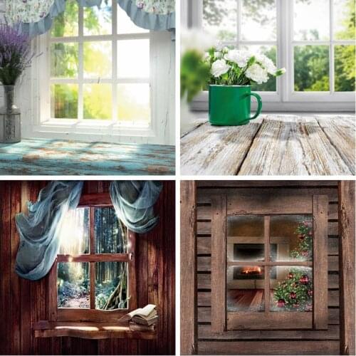 Laeacco Photo Background Gray Window Sill Wooden Board Curtain Morning Of Spring Sunrise Scene Photography Backdrop Photo Studio