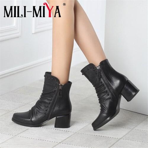 MILI-MIYA Autumn Winter Fashion Women Genuine Leather Boots Handmade Square heels Ankle Botines Shoes Woman botas Size 34-44