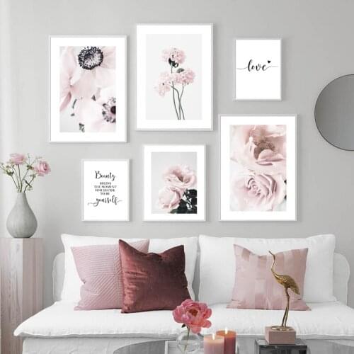 Wall Art Decoration Fresh Pink Flower Painting Canvas Poster Girl Room Living Room Decor Aesthetic Home Decor Green Leaves