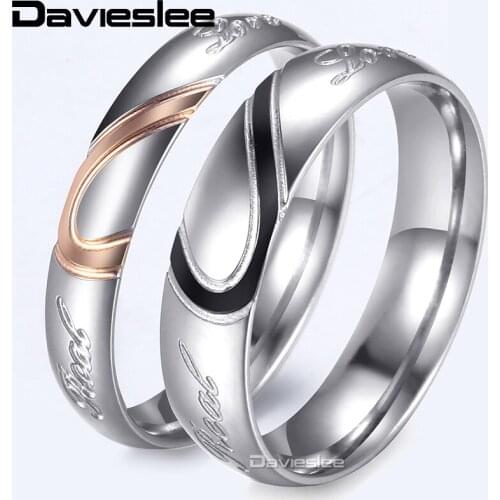 Davieslee Engagement Ring For Women Men Stainless Steel Rose Black Silver Color Half Heart Wedding Band Couples Rings LKRM34