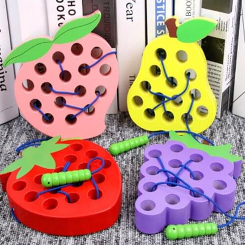 Puzzle Wooden Threading Game Insects Wear Rope Educational Worm Eat Fruit Apple MontessoriEarly Education Toys For Children
