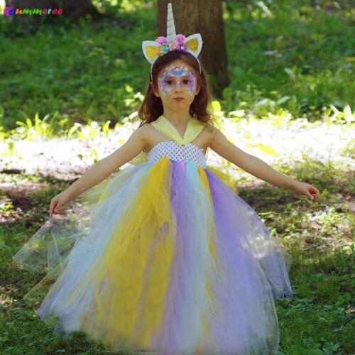 Fancy Girls Tulle Unicorn Tutu Dress Pastel Rainbow Princess Girls Baby Birthday Party Dress Children Halloween Unicorn Clothing