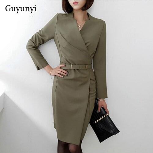 Confidence Lady Office Dress Autumn Winter High Waist Slim Folds Asymmetrical Distribution Belt Elegant Party Dress Women