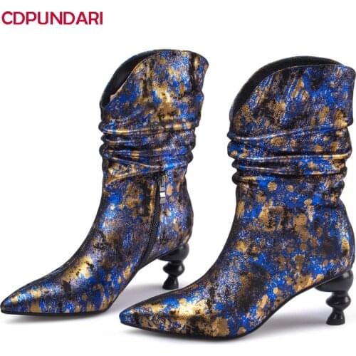 Print Genuine Leather Sheepskin Pleated High Heels Ankle Boots For Women Winter Short Boots Shoes Botas Invierno Mujer