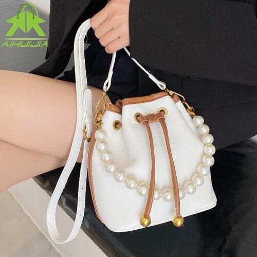 Luxury Designer Shoulder Bags Fashion Pearl Chain Handbag Draw String Design Bucket Bag High Quality Pu Leather Messenger Bag