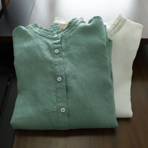 Pure linen shirt wooden ear collar eight-quarter sleeve top 2020 Autumn New Mori cotton and linen womens clothing 279