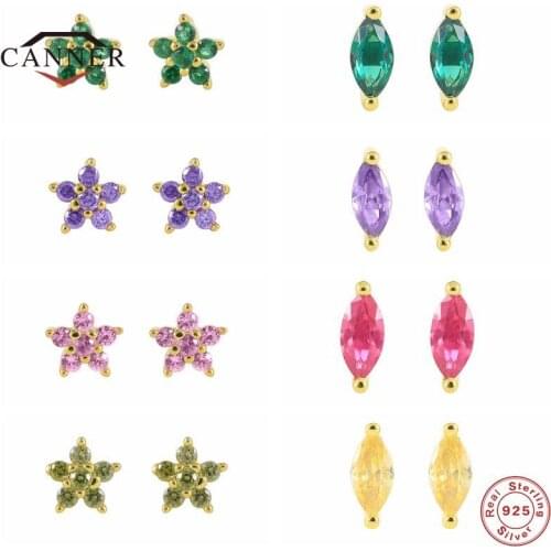 CANNER Small Colorful Zircon Stone 925 Sterling Silver Flower Stud Earrings for Women Cartilage Piercing Earring Fine Jewelry