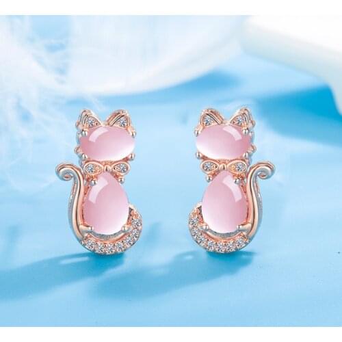 Stud Earrings Female Cute Sweet Temperament Fashion Cat Earrings Artificial Opal Art Hook and Drop Earrings Jewelry