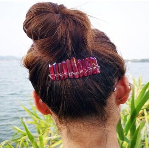 Wedding Bridal Jewelry Side Combs Rainbow Multicolor Raw Crystal Quartz Hairstyle Tiara Boho Vintage Metal Hairpins Clip