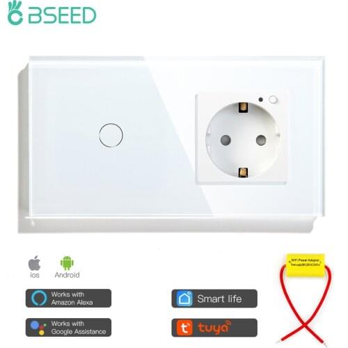 Bseed Smart Wifi Touch Switch 1 Gang Single Live EU Standard Socket Work With Tuya Google Smart Home Crystal Glass Panel