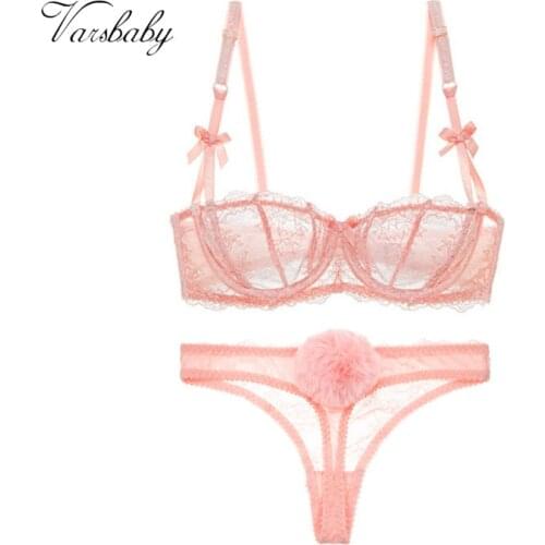 Varsbaby Sexy Lace Transparent Half Cup Lingerie Set Unlined Bras+Thongs Women Lovely Bra Set