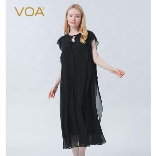 VOA Silk Georgette Black Summer Womens Dress 2021o-Neck Sleeveless Detachable Shawl Fashion Joker Comfortable Long Dress AE982