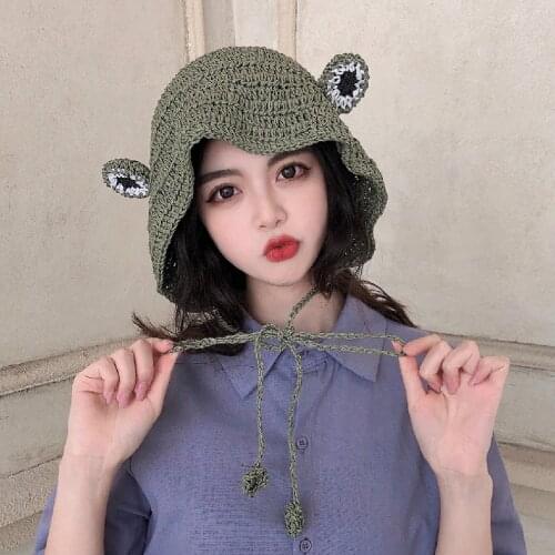 2021 Womens Straw Hats fashion Cute Big-eyed Frog Sunshade Straw Hat Summer Male and Female Concave Shape Wild Tie Fisherman Hat