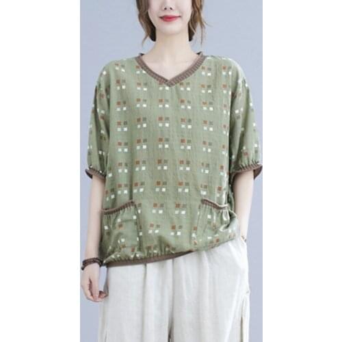 QPFJQD Ladies Short Sleeve Pocket Loose Tees 2021 New Summer Casual Comfortable Women Cotton Linen T-Shirts Tops V-Neck