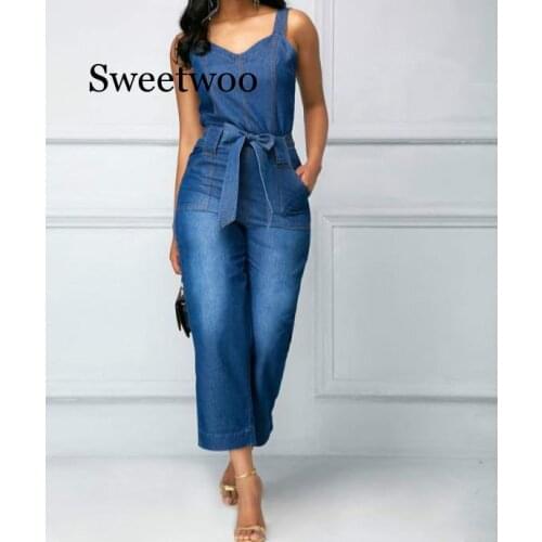 Solid Fashion Plus Size Jumpsuits Romper Denim Office Lady Overalls for Women Spaghetti Strap Sleeveless