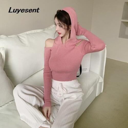 Pink White Lady Sweet Hooded Knit Short Sweater Autumn Girl Hollow Out Off Shoulder Slim Sexy Crop Top Korean Fashion Cloth