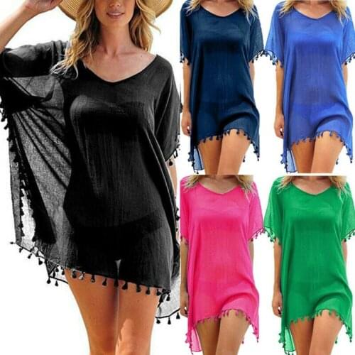 Women Bikini Cover Up Dress Swim Beach Bathing Swimsuit Baggy Tunic Tops Pompom Detail Hollow Cover-Ups Beachwear Mini Dress