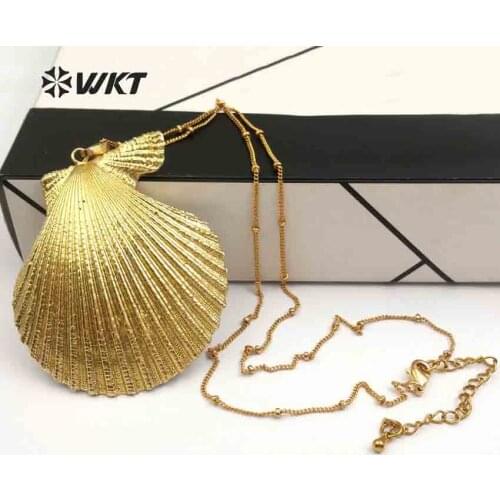 WT-JN015 Unique 24K Gold Dipped Scallop Shell Pendant necklace in high quality natural scallop shell pendant gold chain necklace