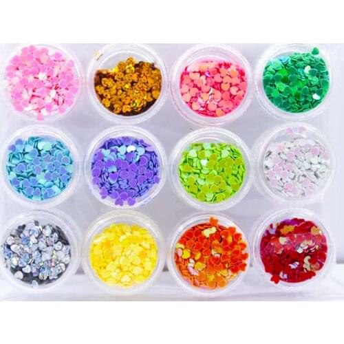 12 pots in ONE 12 Colours Valentines Nail Art HOLLOW HEART Shape Spangles Glitter Holographic