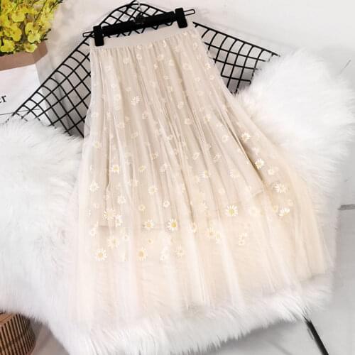 2021 mesh skirt small daisy floral high waist thin A-line skirt 3-layer mid-length Korean pleated skirt