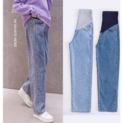 8955# Summer Autumn Denim Maternity Long Jeans Wide Leg Loose Straight Belly Pants Clothes for Pregnant Women Casual Pregnancy