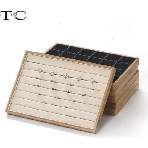 Bamboo Velvet Jewelry Display Tray Ring Necklace Bracelet Earring Pendant Display Organizer Fashion Jewelry Storage Box