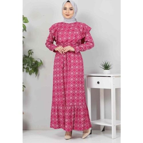 Beli Bağcıklı Tesettür Elbise TSD4404 Mürdüm