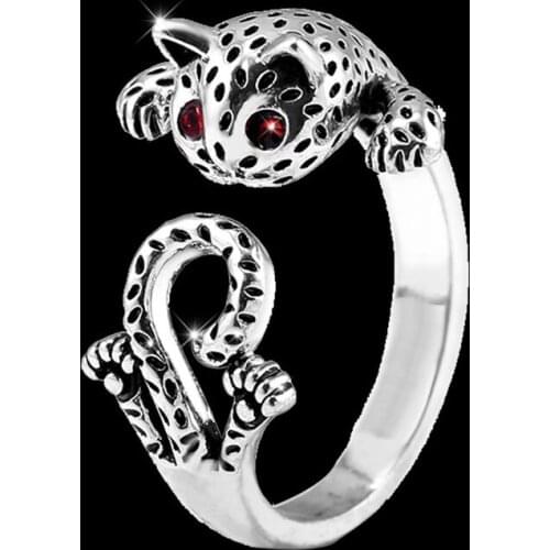 HUAMI Adjustable Animal Red Eyes Cat Rings for Women Open Ring Para Mujer Ancient Silver Color Accessories Jewelry Elegant Gift