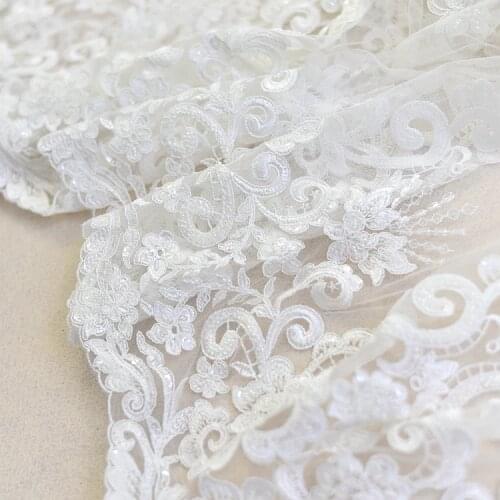 Exquisite 135cm Beaded Lace Fabric In Ivory With Sequins Embroidered African Tulles Lace Fabric For Wedding, Curtain