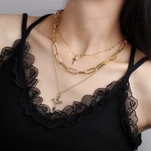 Statement Layered Necklace Set Multilayer Cross Necklace Female Exquisite Retro Three-layer Clavicle Chain Gold Choker
