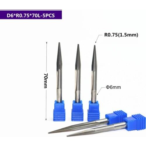 6mm*R0.75*70L-5pcs,Tapered Ball nose End Mill,CNC milling Cutter,Solid carbide tool,woodworking engraving router bit