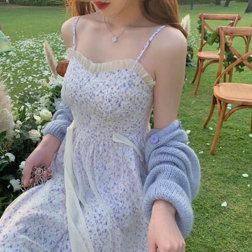 Korean Fashion Sleeveless Elegant Mesh Midi Dress Bow Design Vintage Floral Dress Lace-up Party Sundresses for Women Summer
